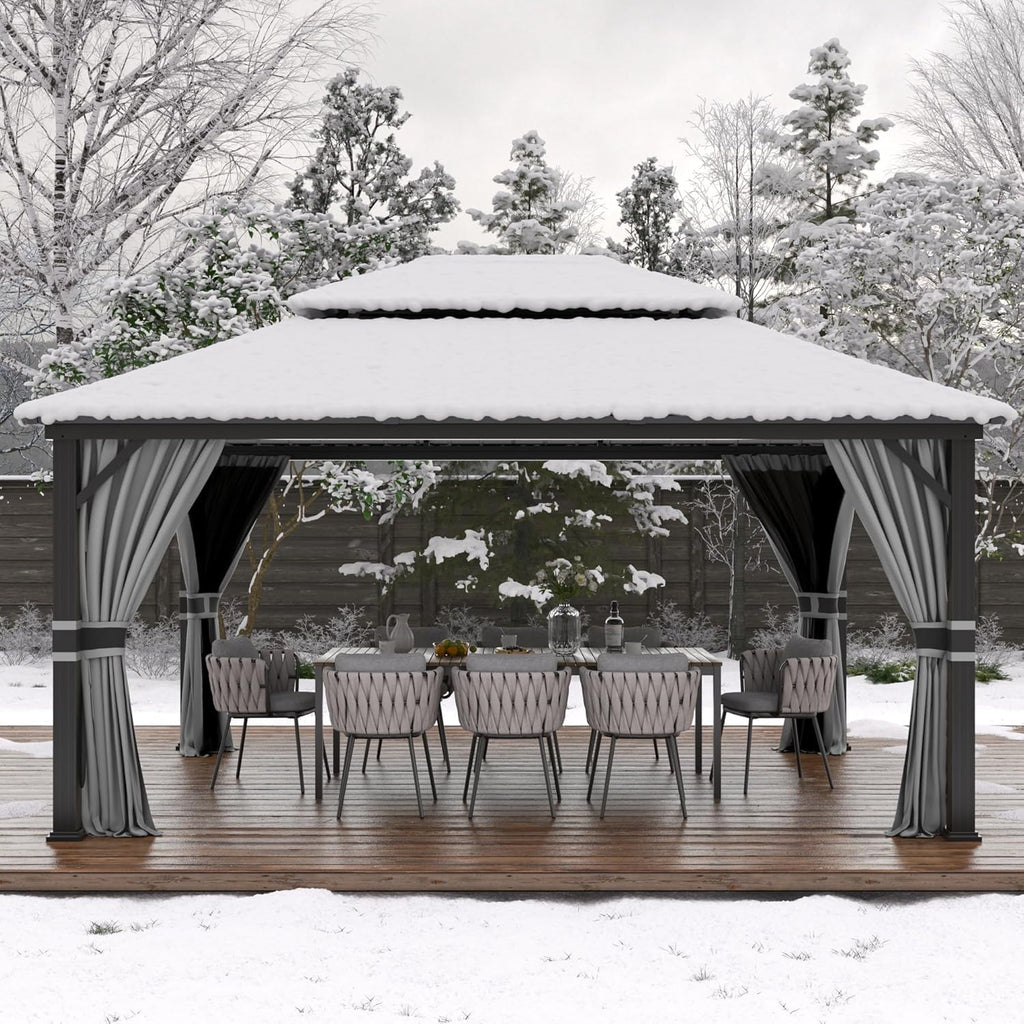 Amopatio 3,65 x 4,85 m Cenador de jardín impermeable, estable y resistente al invierno, cenador de techo rígido, cenador de aluminio con doble techo de acero galvanizado con mosquitera y cortinas para jardín, terraza, césped, gris