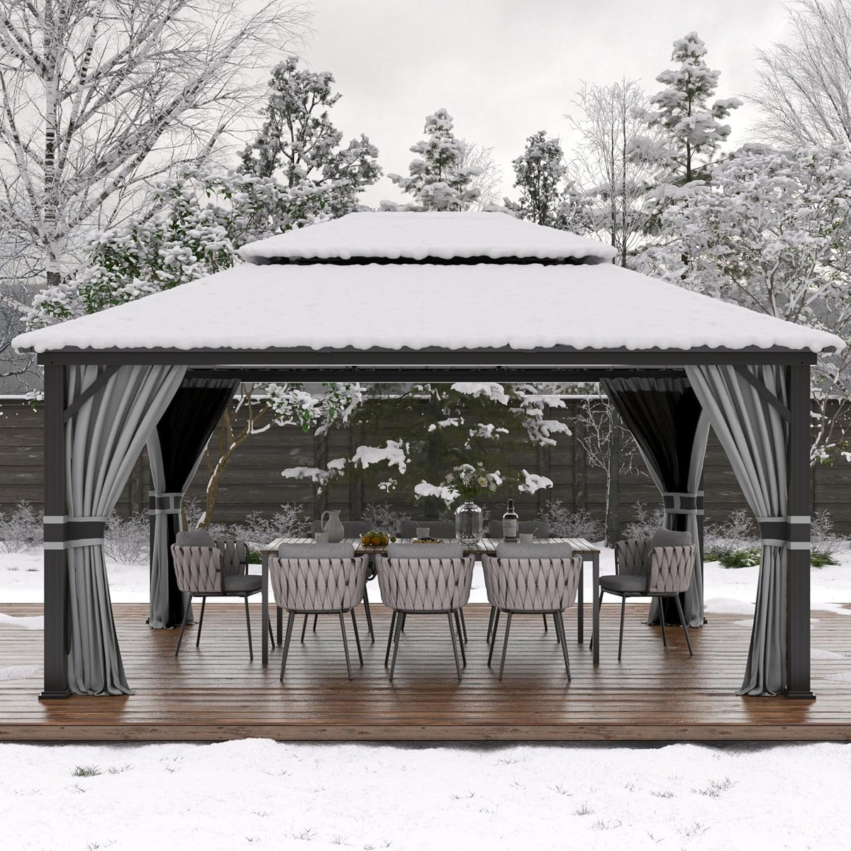 Amopatio 3,65 x 4,85 m Cenador de jardín impermeable, estable y resistente al invierno, cenador de techo rígido, cenador de aluminio con doble techo de acero galvanizado con mosquitera y cortinas para jardín, terraza, césped, gris