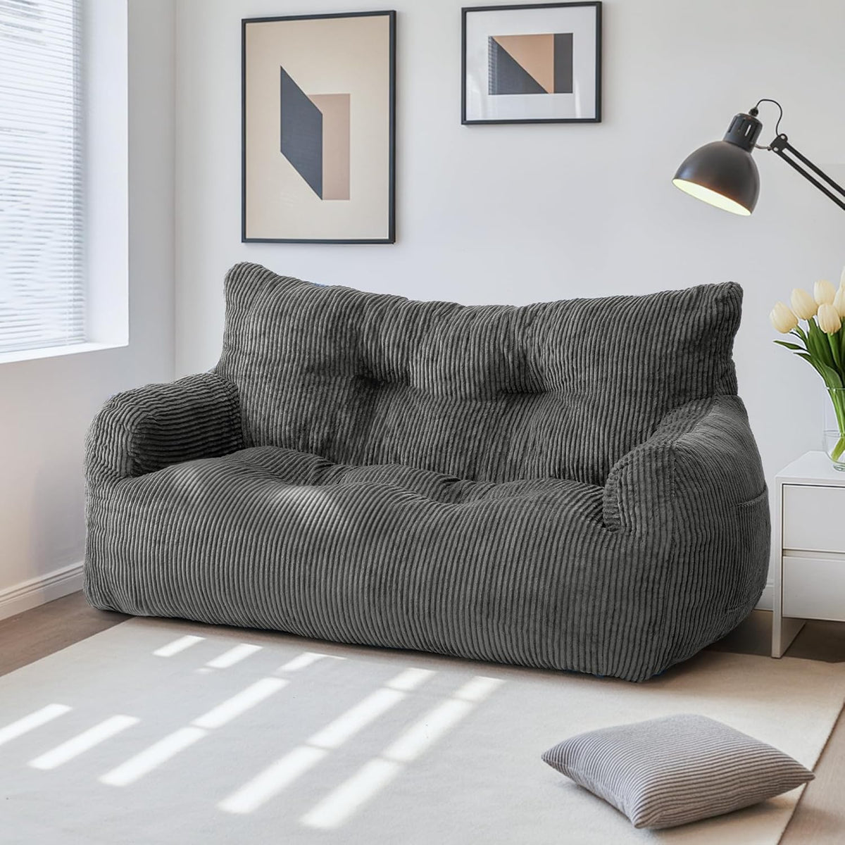 Puf Pamapic, puf para adultos con relleno, sillón doble tipo lounge con asa portátil, puf ergonómico moderno, silla tipo puf para interiores para sala de estar, dormitorio, sala de juegos, gris
