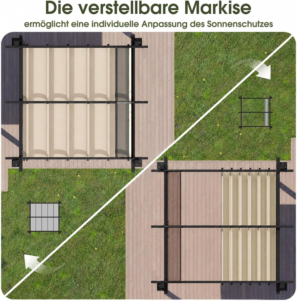 Pérgola de aluminio JUMMICO 3x3m, impermeable, estable y resistente al invierno, cenador de jardín con techo corredero y pared lateral, protección solar para jardín, terraza y balcón, protege del sol y la lluvia, duradera, beige