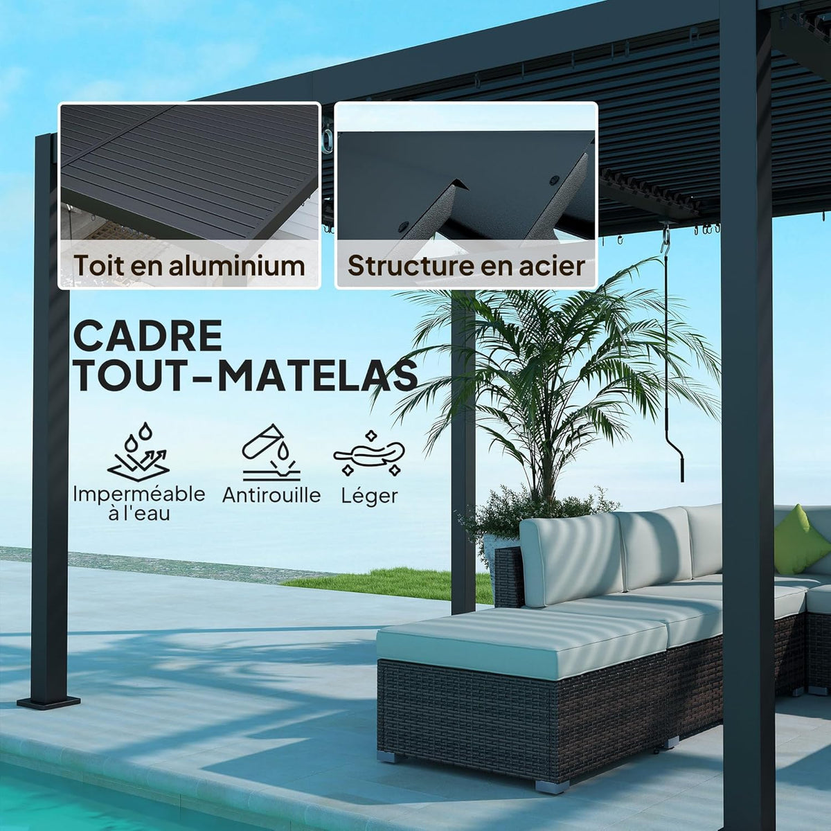 Pérgola bioclimática Outsunny 3 x 6 m, pérgola de jardín exterior con lamas orientables, techo ajustable con manivela de aluminio y ganchos, cenador de jardín, terraza, patio, gris oscuro