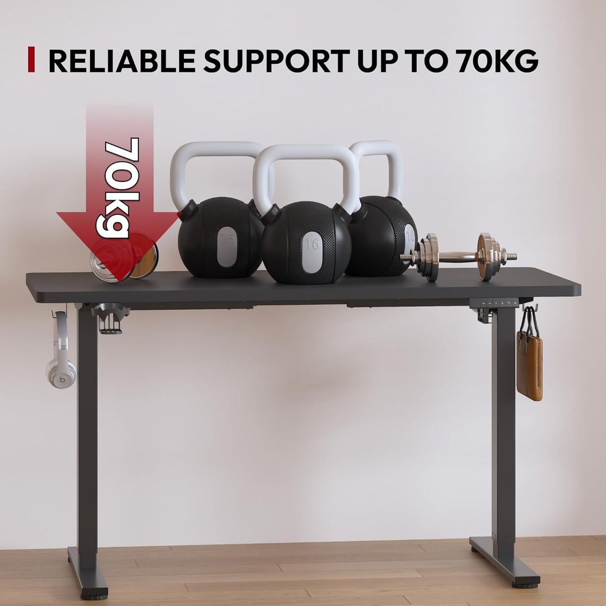 Escritorio de altura regulable SANODESK 140 x 60 cm incl. 4 accesorios: portavasos, gancho, caja de almacenamiento y gestión de cables, con función de memoria, para oficina y entretenimiento, negro