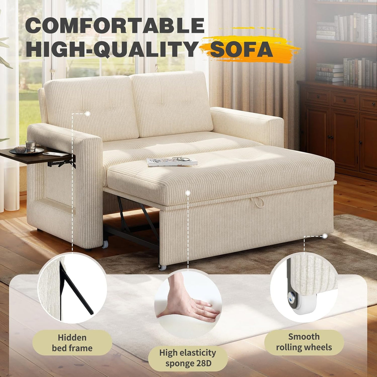 YOUDENOVA Sofá Cama 3 en 1, Sillón Cama multifuncional, Sofá reclinable con respaldo ajustable en 5 posiciones, Sofá cama para 2 personas con mesa y bolsillos laterales, Pana beige