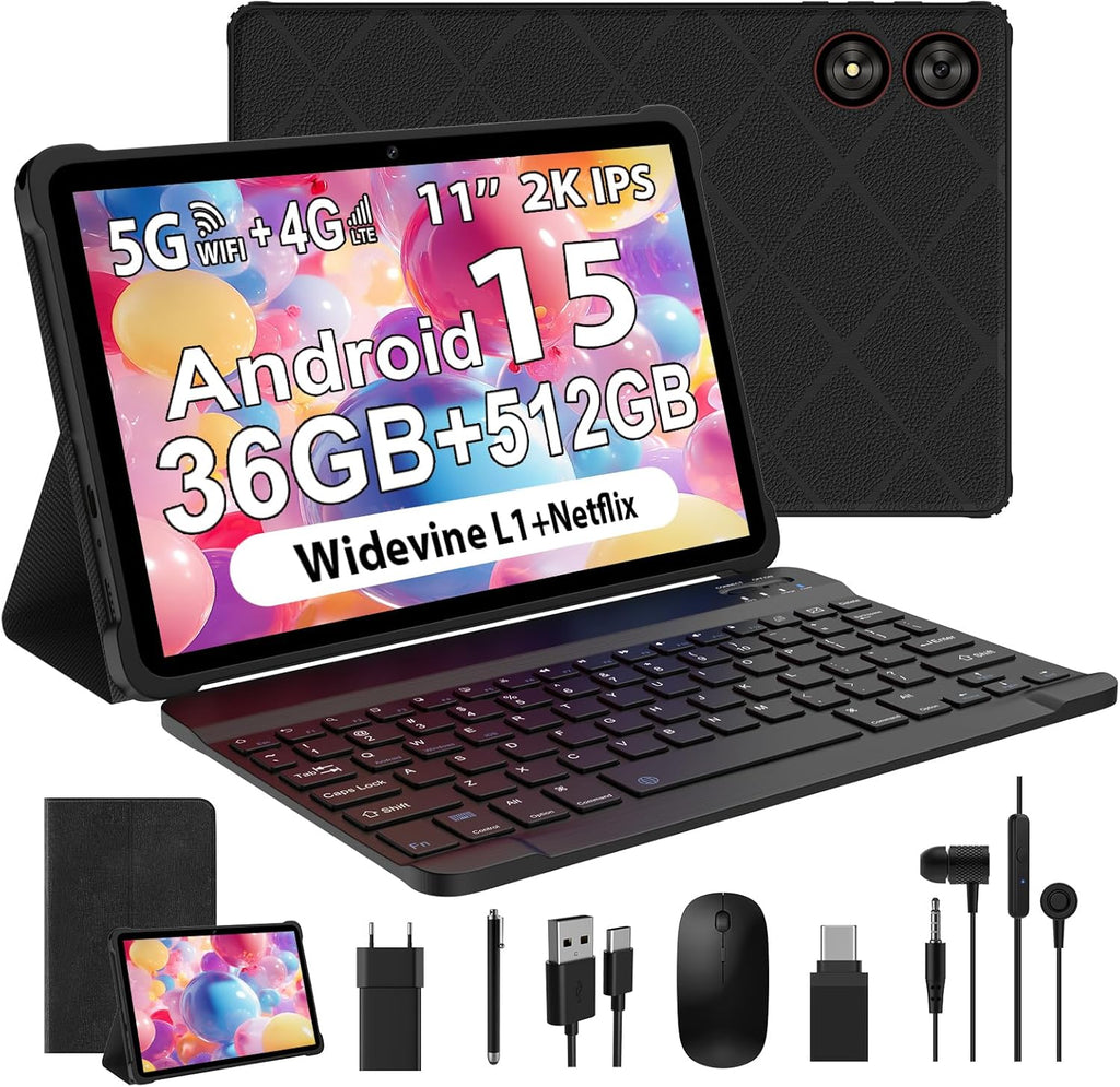 Tableta Android 15 de 11 pulgadas, 4G LTE y WiFi 5G, Octa-Core, 36 GB RAM+512 GB ROM (1 TB TF), pantalla HD, Widevine L1/8+13 MP/8000 mAh/GMS/GPS, con teclado y ratón (negro)
