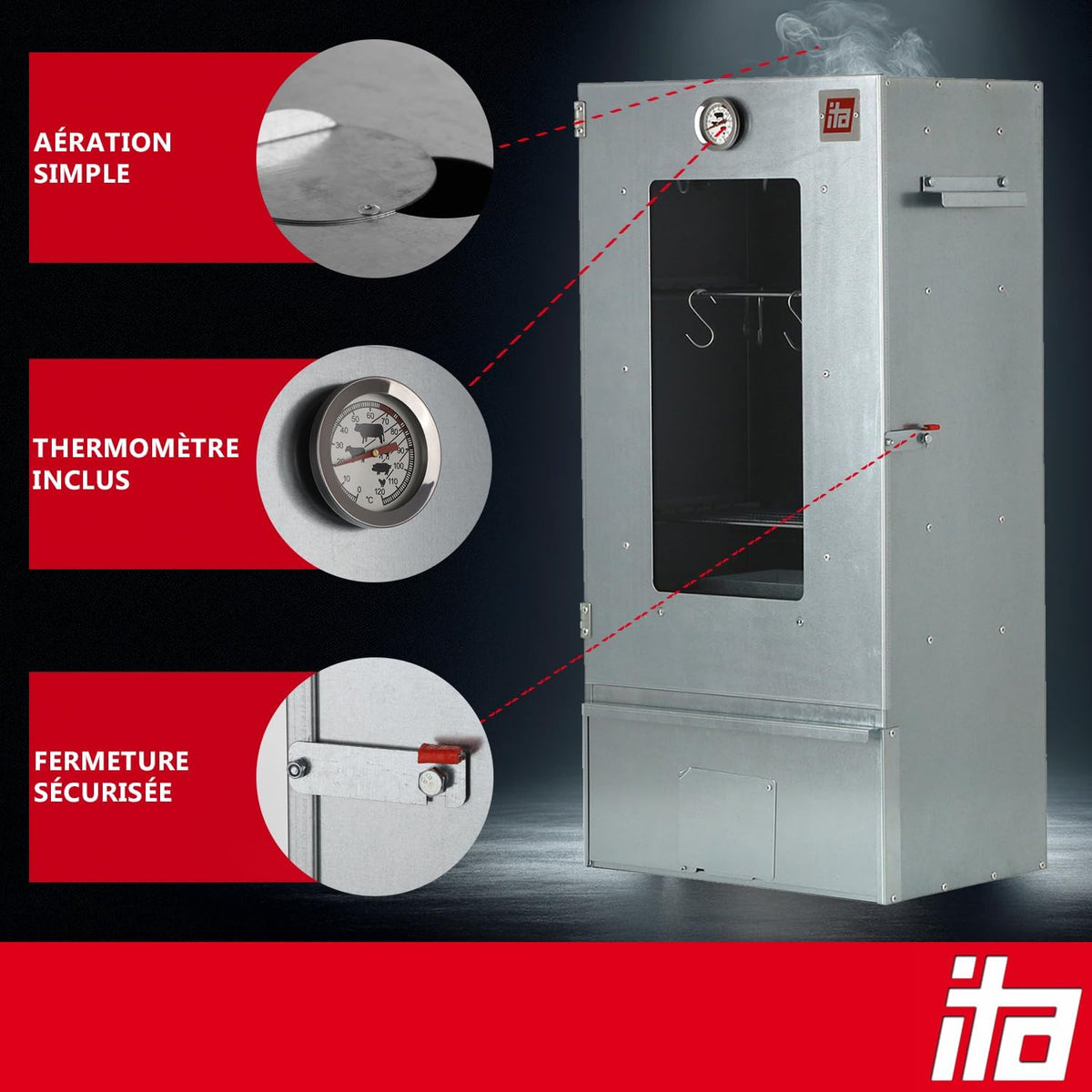 Ahumador Eléctrico ITA 7000 - Conjunto de Ahumador con Calefacción, Generador de Humo - Armario de Ahumado con Ventana y Termómetro - Aleación de Acero - Calidad UE, 81 cm con 3 Niveles