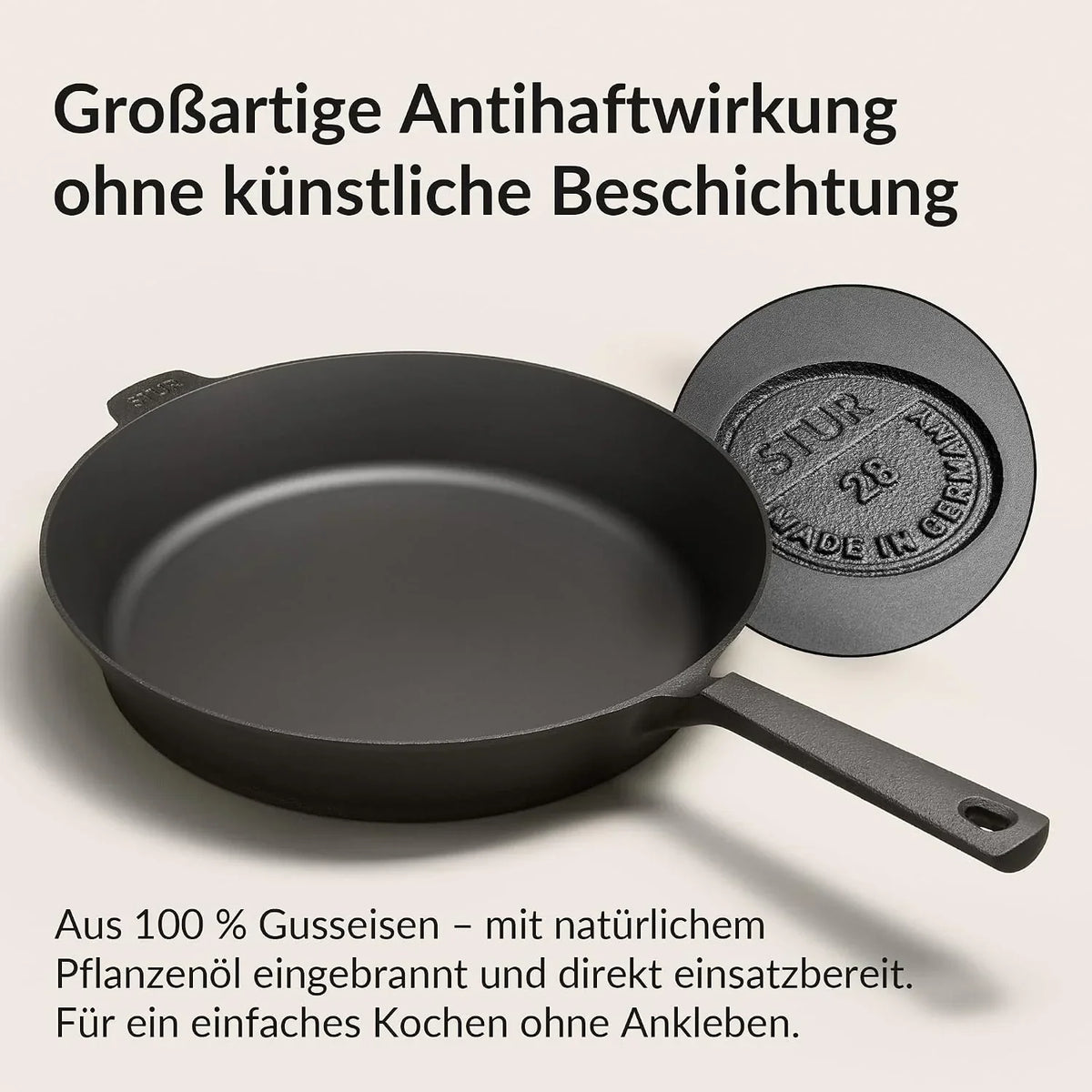 Sartén de hierro fundido de 28 cm, apta para inducción y todo tipo de cocinas, pulida finamente, sin recubrimiento, fabricada en Alemania.