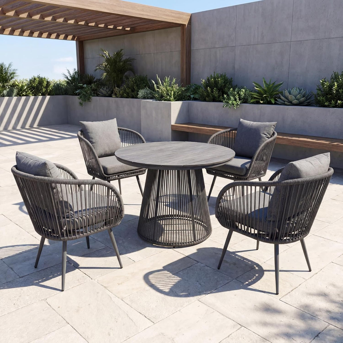 Set de muebles de jardín di volio MAZARO – Grupo de comedor para exterior con mesa redonda y 4 sillas, conjunto de jardín resistente a la intemperie (Gris)