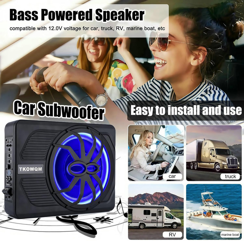 TKOWQM Subwoofer para coche, subwoofer activo de 10 pulgadas y 800 W ultraplano para debajo del asiento, amplificador de audio integrado para coche/camión con luz ambiental LED azul