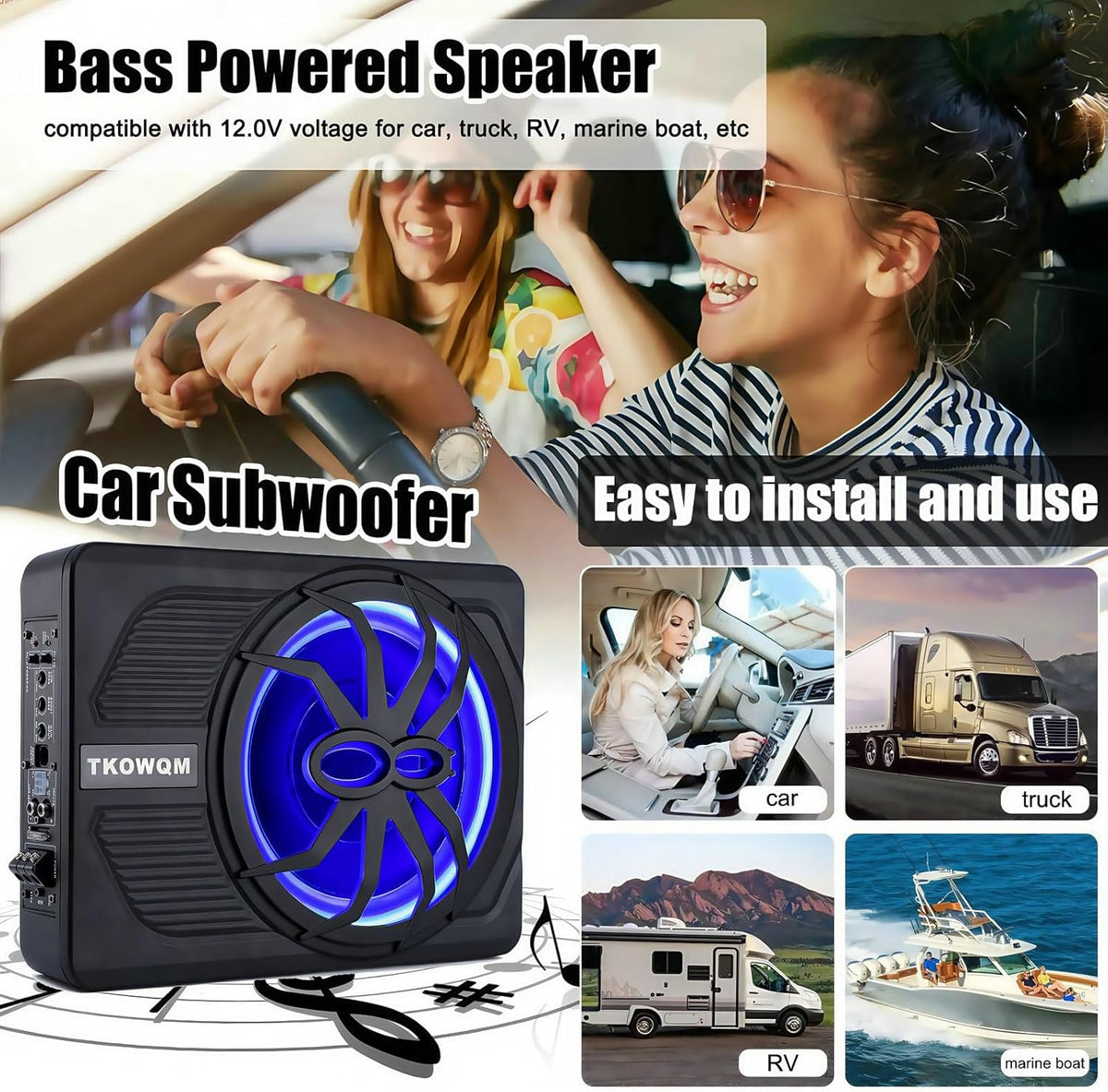 TKOWQM Subwoofer para coche, subwoofer activo de 10 pulgadas y 800 W ultraplano para debajo del asiento, amplificador de audio integrado para coche/camión con luz ambiental LED azul