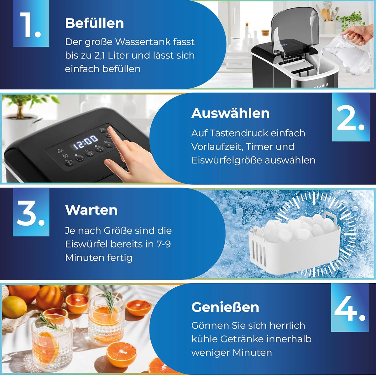 Máquina de hielo KLAMER pequeña con pala para hielo y 2 tamaños de cubitos - 10 cubitos en solo 7 min, 15 kg de hielo al día - máquina de hielo silenciosa con temporizador (negro)