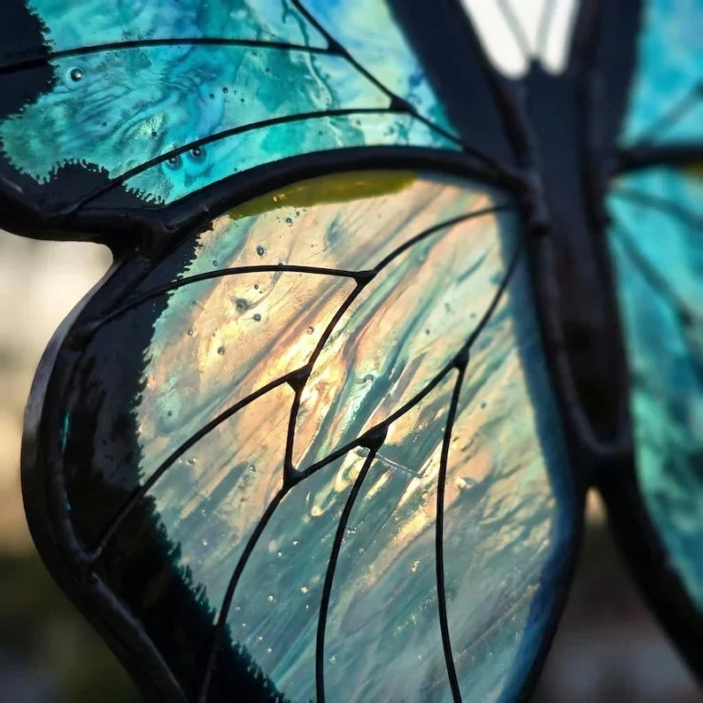 Atrapasueños de urania de bandas verdes hecho a mano en vidrio tintado, técnica de lámina de cobre Tiffany, decoración para ventana