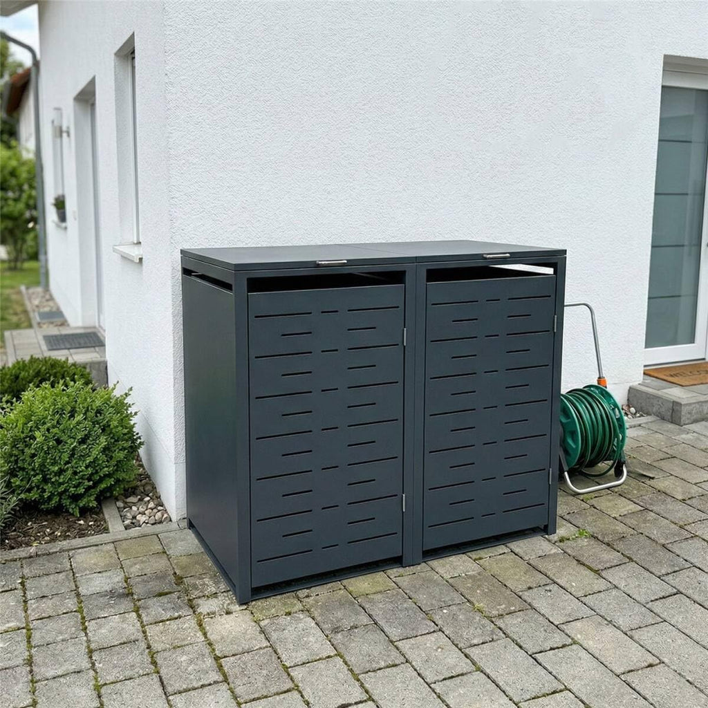 Cobertizo para 2 cubos de basura Metzler de 240 l, color antracita con diseño de líneas horizontales, revestimiento metálico para 2 cubos, bloqueable, dos cobertizos con recubrimiento en polvo y tapa automática | Nexus