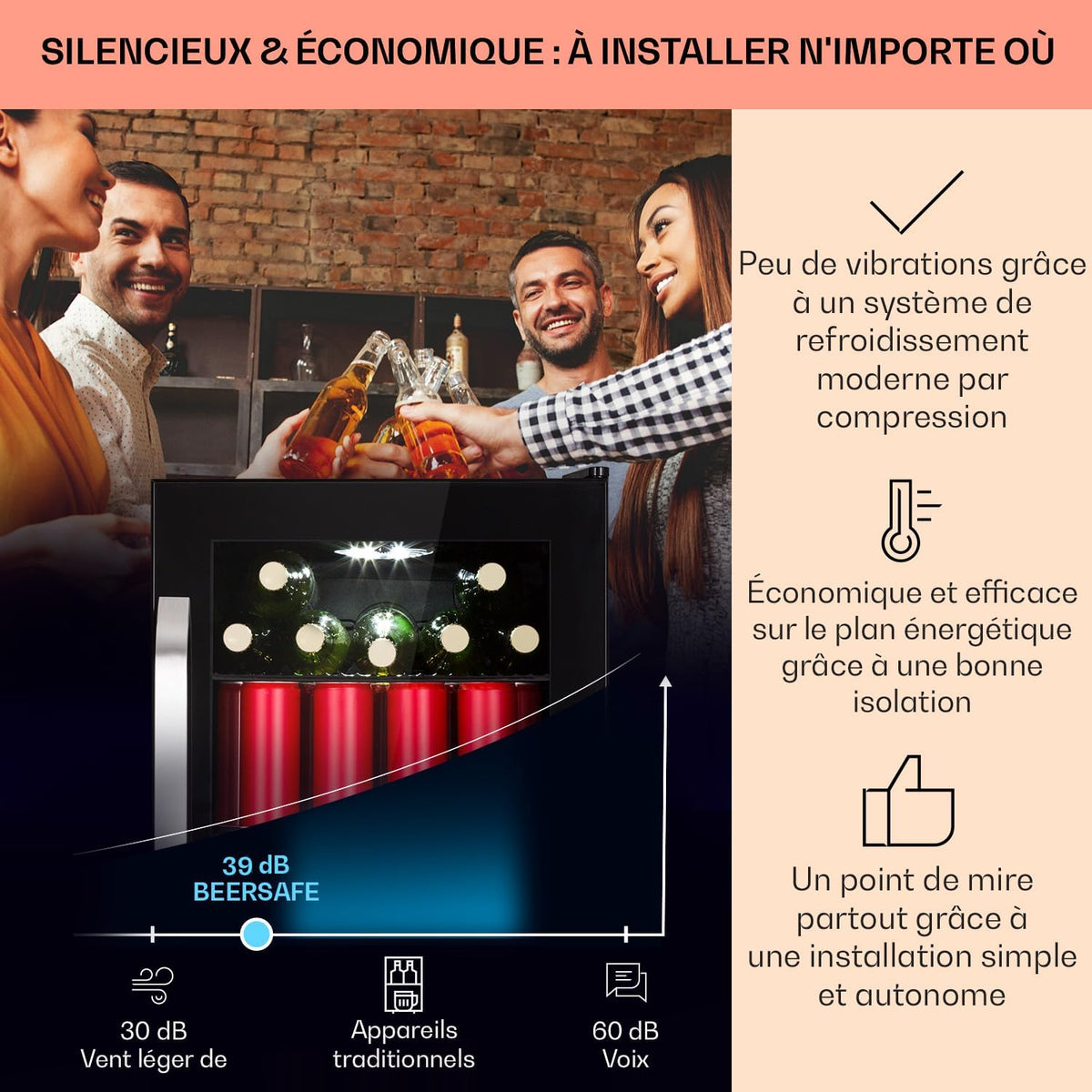 Klarstein Refrigerador 70L, mininevera silenciosa con estantes extraíbles, puerta de cristal y LED, apta para exteriores, 0-10°C