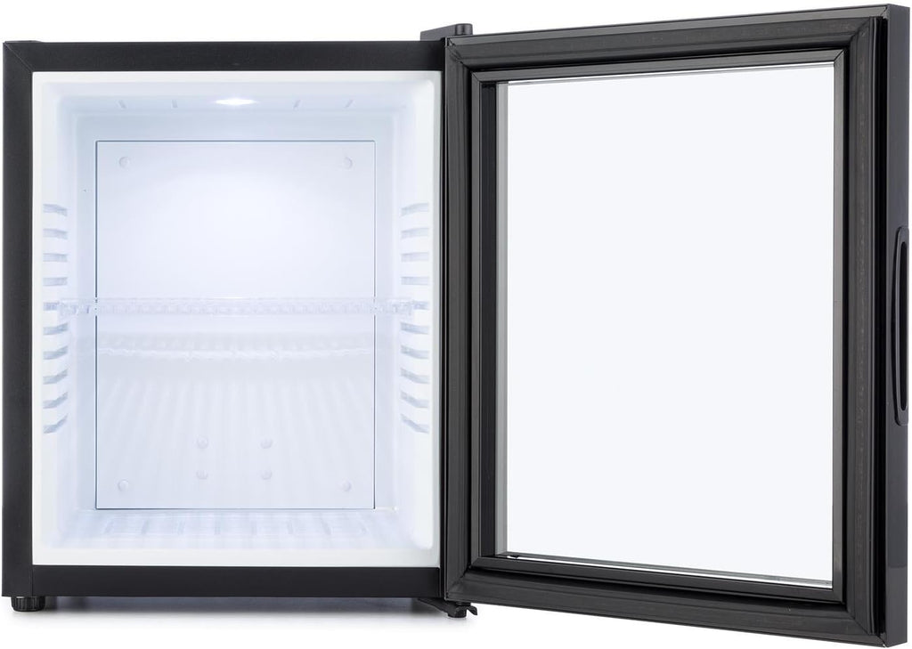 Minibar Klarstein MKS-13, mininevera, refrigerador de bebidas con estante (36 litros, silencioso, fácil de limpiar), negro y plateado