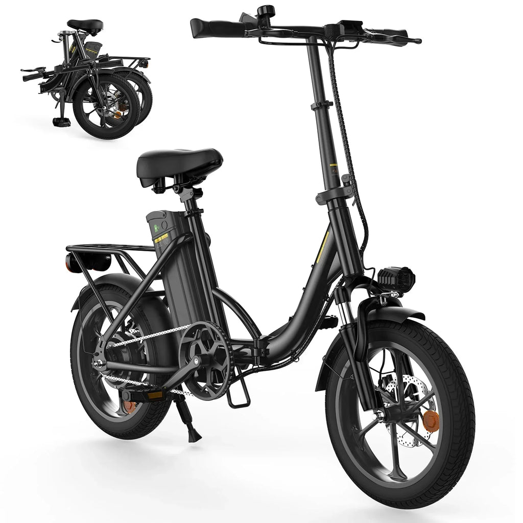 Bicicleta eléctrica plegable U4 de 16 pulgadas en color negro con motor de 250 W, batería de 36 V y 10,4 Ah, 5 velocidades, frenos de disco y portaequipajes