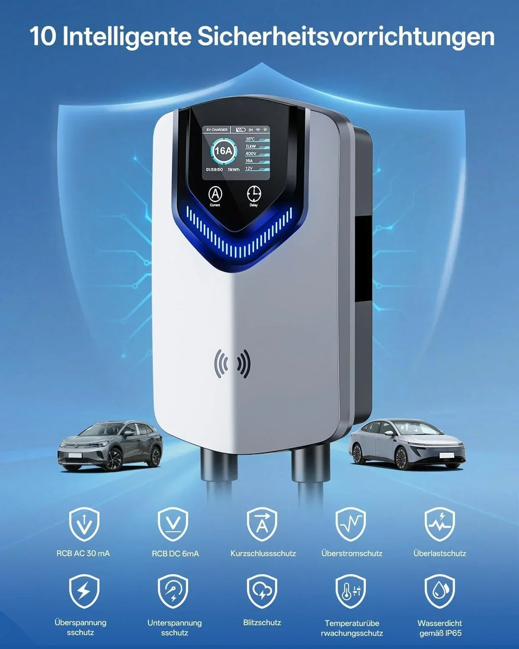 Cargador Wallbox para carga mediante APP, RFID, 11 kW, 400 V, 6-16 A, tipo 2, estación de carga para VE, cable de 8 m con soporte para cable