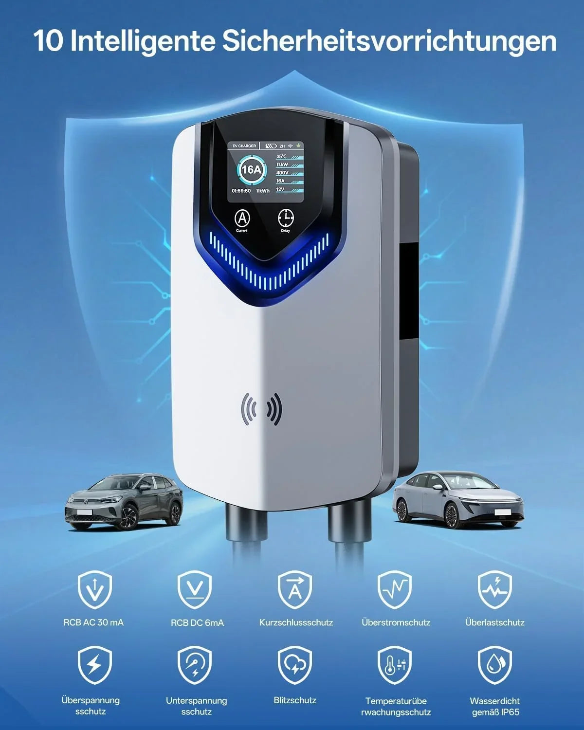 Cargador Wallbox para carga mediante APP, RFID, 11 kW, 400 V, 6-16 A, tipo 2, estación de carga para VE, cable de 8 m con soporte para cable