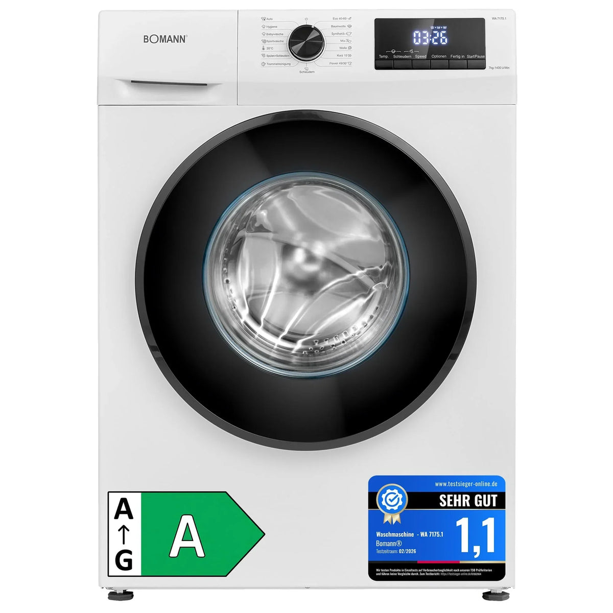 Lavadora Bomann 7 kg, 1400 rpm, motor inverter, 10 años de garantía, 15 programas, inicio diferido, WA 7175.1, clase energética A