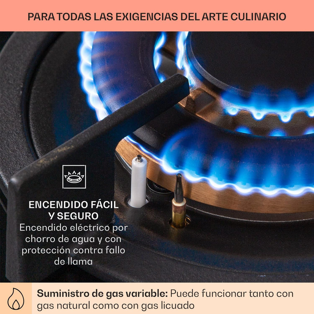Klarstein Cocina de Gas Butano, Placa de Gas 4 Fuegos 8000W, Placa de Gas Integrada para Cocina, Placa de Gas Butano de Diseño, Encimera de Gas con Base de Vidrio y Acero Inoxidable