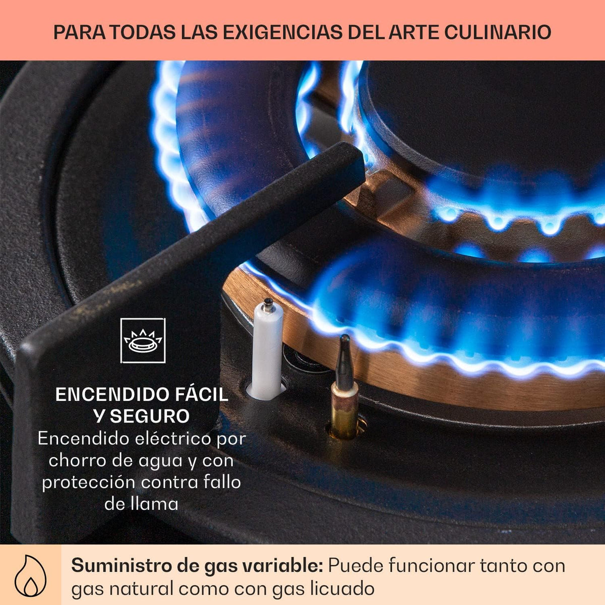 Klarstein Cocina de Gas Butano, Placa de Gas 4 Fuegos 8000W, Placa de Gas Integrada para Cocina, Placa de Gas Butano de Diseño, Encimera de Gas con Base de Vidrio y Acero Inoxidable