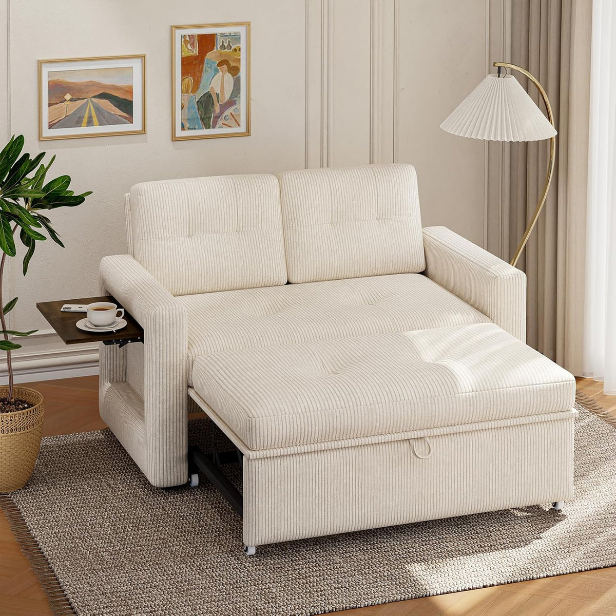 YOUDENOVA Sofá Cama 3 en 1, Sillón Cama multifuncional, Sofá reclinable con respaldo ajustable en 5 posiciones, Sofá cama para 2 personas con mesa y bolsillos laterales, Pana beige
