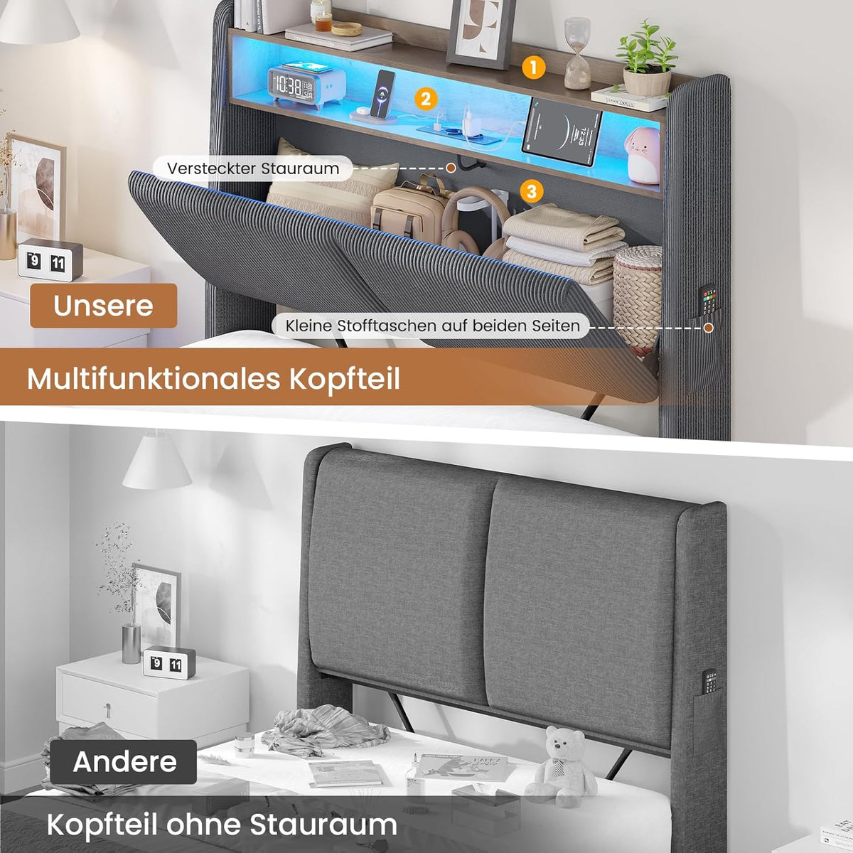 AOGLLATI Cama 90x200 con almacenamiento hidráulico, cama juvenil 90x200 con iluminación LED y estación de carga, cama tapizada individual, cama infantil con cabecero con almacenamiento, sin colchón (gris oscuro, 90x200 cm)
