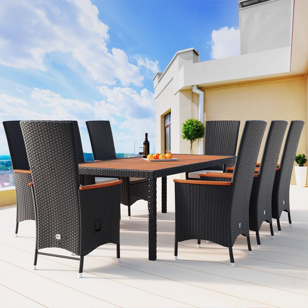 Conjunto de muebles de jardín Casaria®: 8 sillas con cojines de 7 cm, mesa, 2 respaldos ajustables, muebles de terraza para exteriores, polirratán, resistente a la intemperie, madera de acacia, comedor, jardín, balcón, salón.