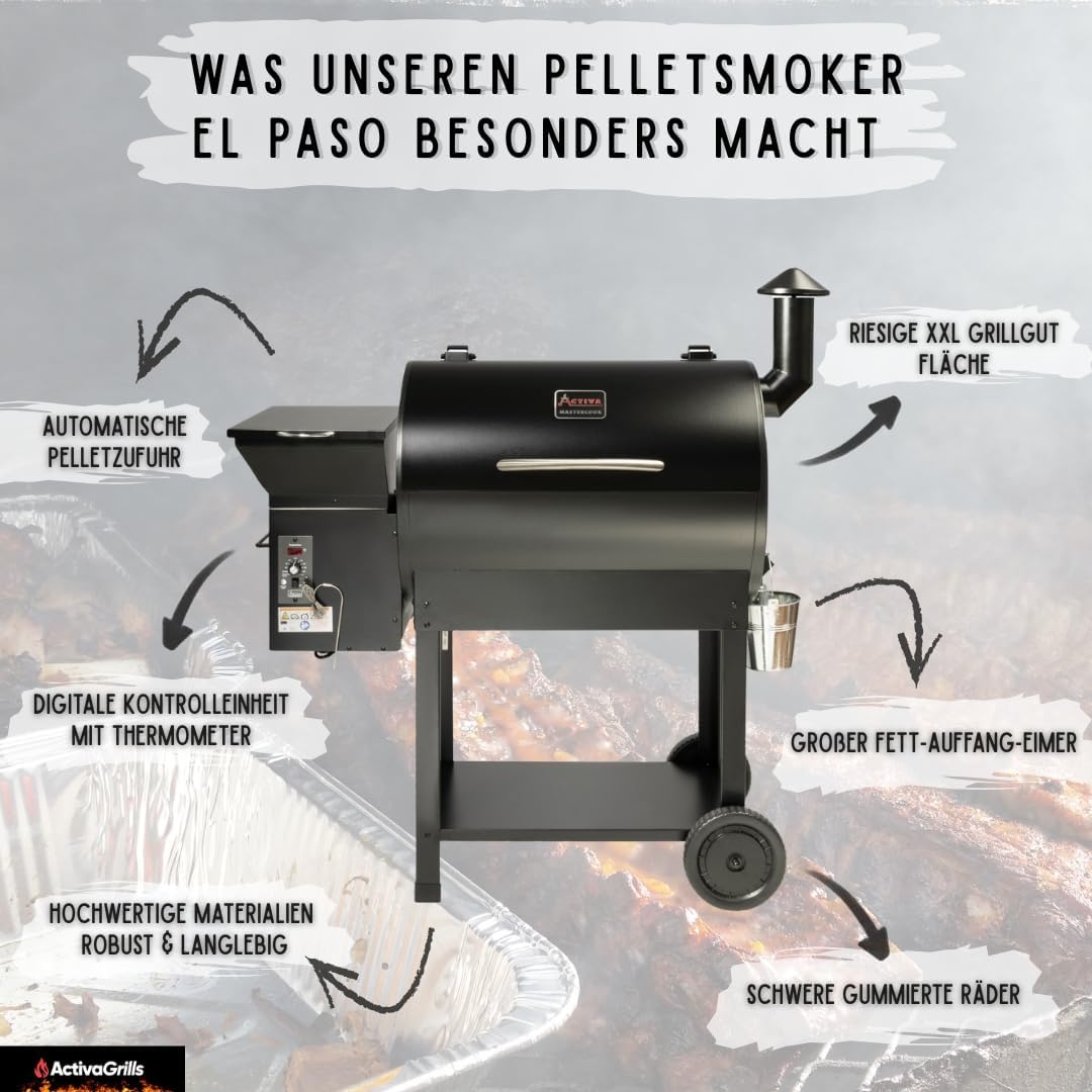 Ahumador de pellets ACTIVA El Paso I Ahumador con alimentación automática de pellets y termómetro I Parrilla de acero inoxidable para barbacoa y ahumado