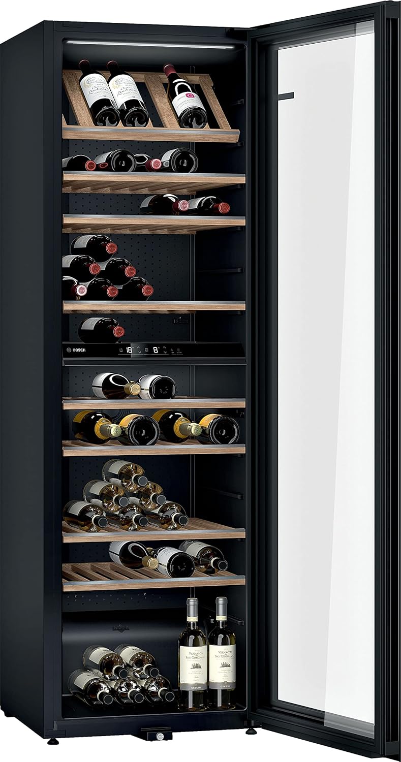 Bodega climatizada Bosch KWK36ABGA Serie 6, 186 x 60 cm, 199 botellas, temperatura: 5-20 °C, dos zonas de temperatura, 405 l, iluminación LED uniforme, luz de presentación desconectable