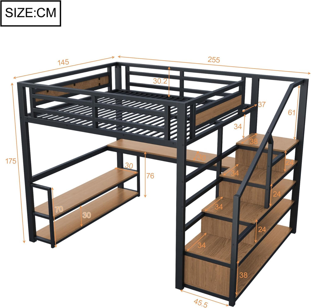 Litera alta de metal de 140x200 con escalera de almacenamiento con estantes y escritorio, diseño de valla de seguridad con tablones de metal unidos, cama de estructura de hierro alta con marco de metal para un soporte estable (negro)