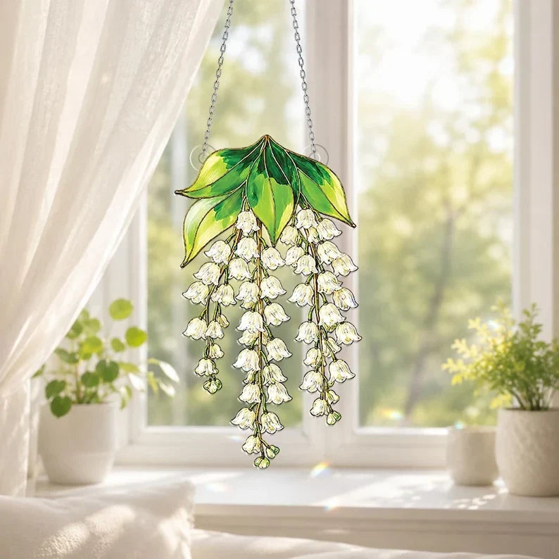 Atrapasueños holográfico de lirios de los valles, colgante de ventana floral con prisma, atrapasueños de cristal, decoración de ventana, acrílico de 3 mm, 7 tamaños