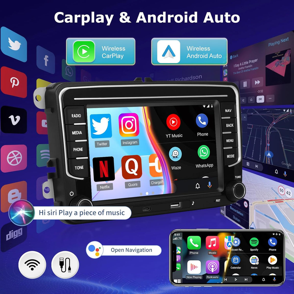 [4G+64G] Autorradio Android para VW Volkswagen Jetta Passat Seat Golf Tiguan Skoda Polo con CarPlay y Android Auto inalámbricos, pantalla táctil de 7 pulgadas con GPS, WiFi, Bluetooth 5.0, radio FM/RDS, 32EQ