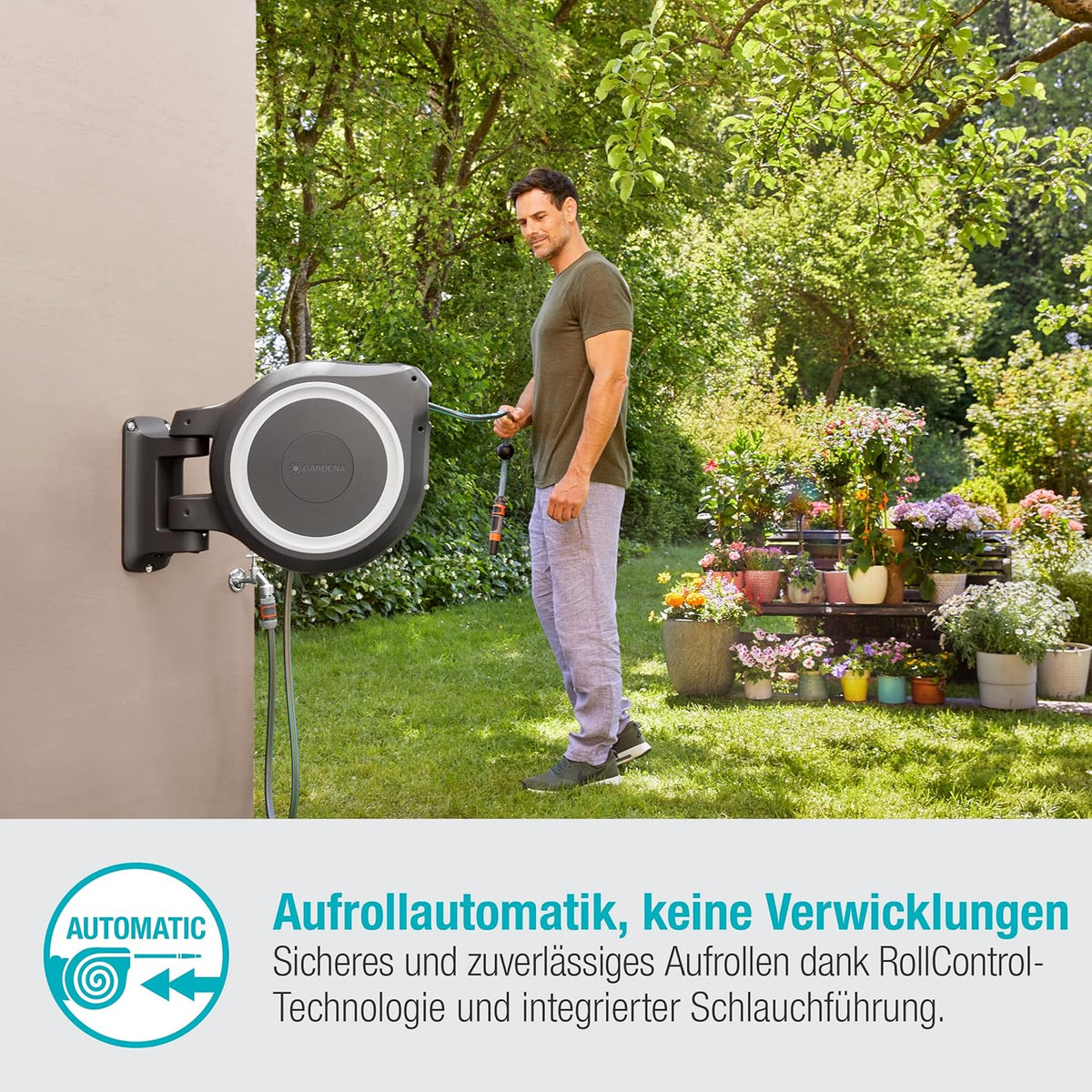 Caja portamanguera de pared Gardena RollUp XL 35 m, exclusiva para Amazon: riego flexible para jardines grandes, caja portamanguera giratoria, incluye manguera de calidad de 35 m con lanza y boquilla de limpieza (18632-60)