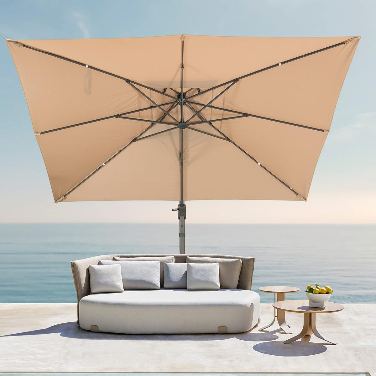 LKINBO Sombrilla rectangular de 300 x 400 cm con soporte y manivela, sombrilla de jardín grande tipo voladizo, giratoria 360°, resistente al viento, impermeable, para patio, terraza y exteriores, caqui