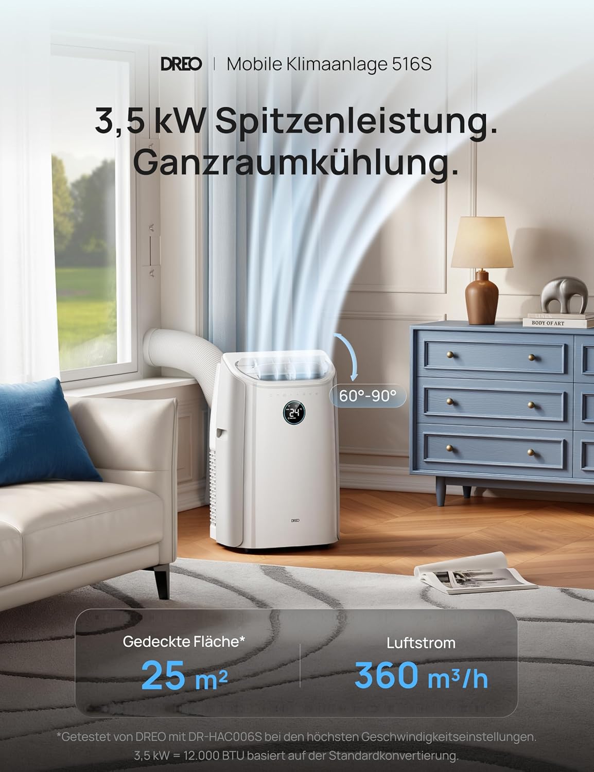 Aire acondicionado portátil DREO de 12 000 BTU (3 en 1: refrigeración/ventilación/deshumidificación), silencioso para dormitorio/oficina, control por app/comando de voz/mando a distancia, sin drenaje, kit de ventana, 3,2 L/h, AC516S