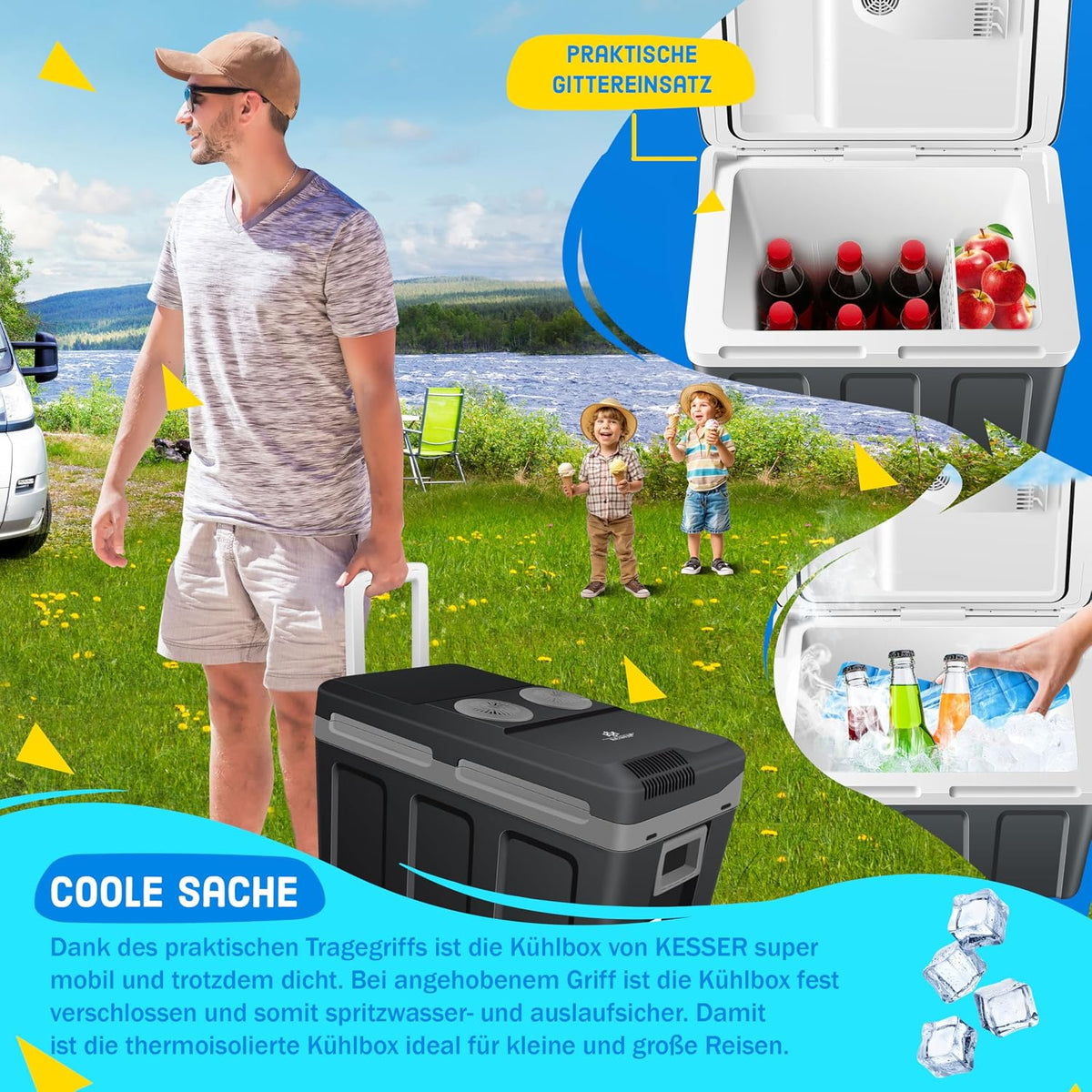 KESSER® Nevera eléctrica portátil 40L con ruedas | Calienta y enfría | Termoeléctrica | Mininevera | 12V y 230V | Para coche, camping y enchufe | Modo Eco | Incluye acumuladores de frío