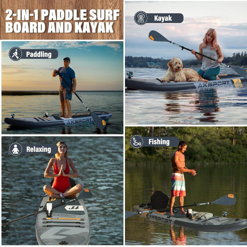 AKSPORT Tabla de paddle surf hinchable, tabla de surf hinchable con todos los accesorios, diseño ancho y estable, tabla antideslizante, tabla de remo para jóvenes y adultos