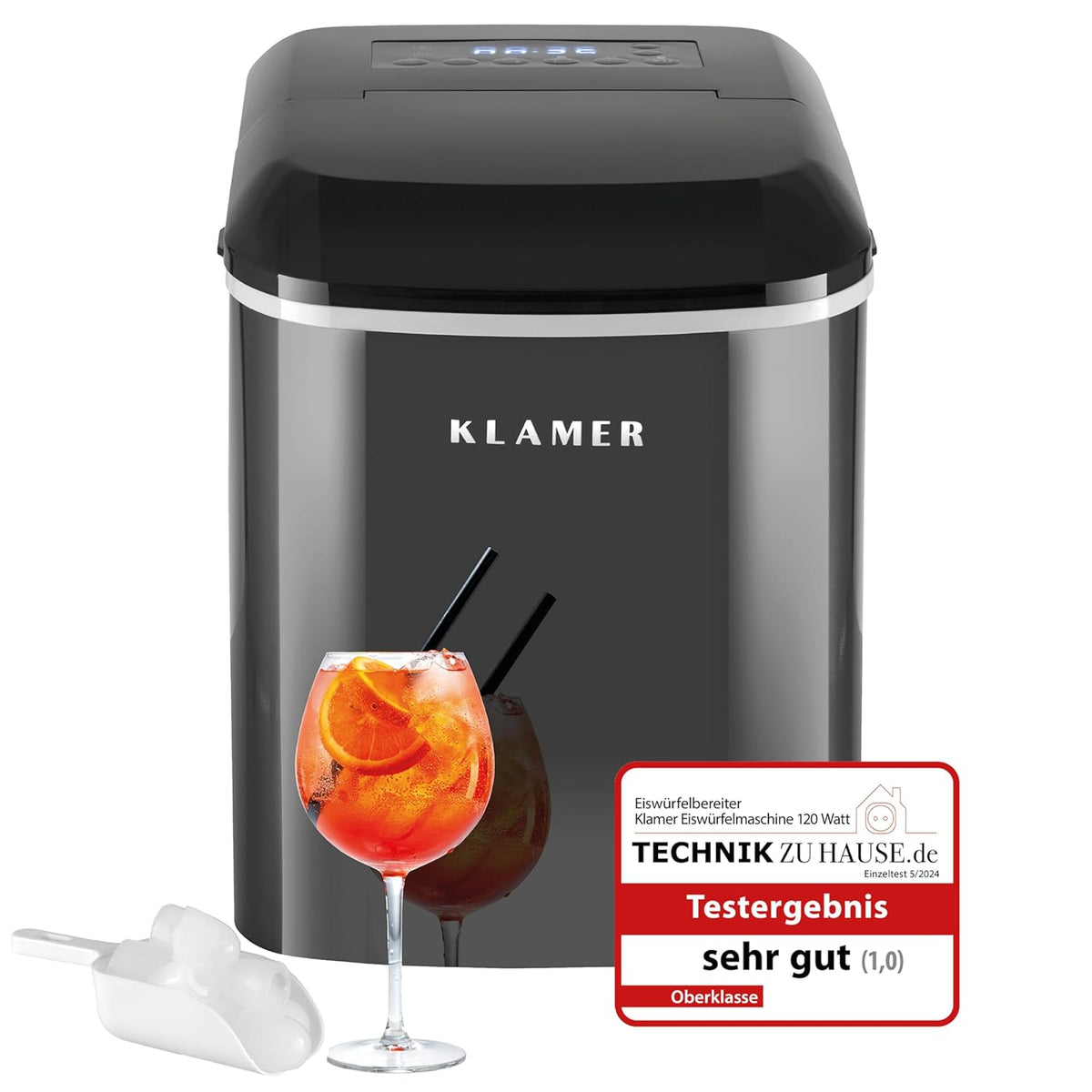 Máquina de hielo KLAMER pequeña con pala para hielo y 2 tamaños de cubitos - 10 cubitos en solo 7 min, 15 kg de hielo al día - máquina de hielo silenciosa con temporizador (negro)