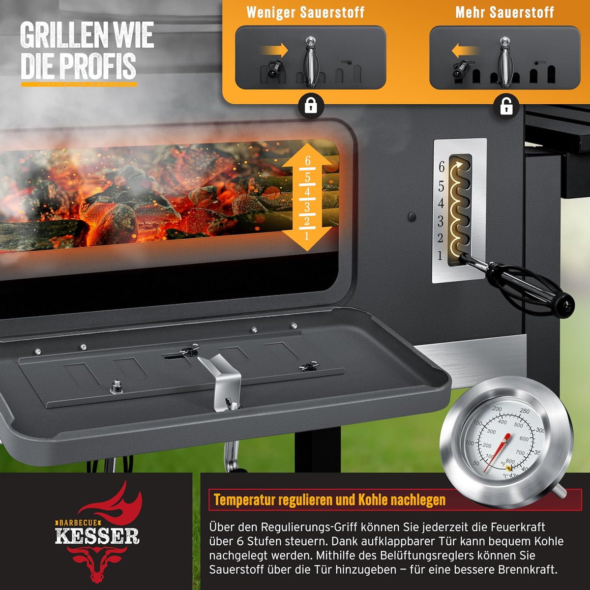 KESSER® Barbacoa Carrito BBQ Smoker XXL Parrilla de carbón con tapa, ruedas, asa de acero inoxidable, rejilla y termómetro, 8 brochetas con estuche y pincel de silicona, parrilla de pie, carrito de carbón