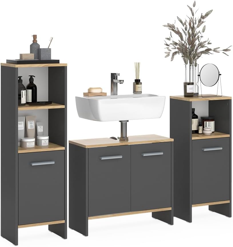 Set de muebles de baño Vicco Karli, antracita/roble dorado, 131.4 cm, compuesto por mueble bajo lavabo, armario con espejo y armario columna