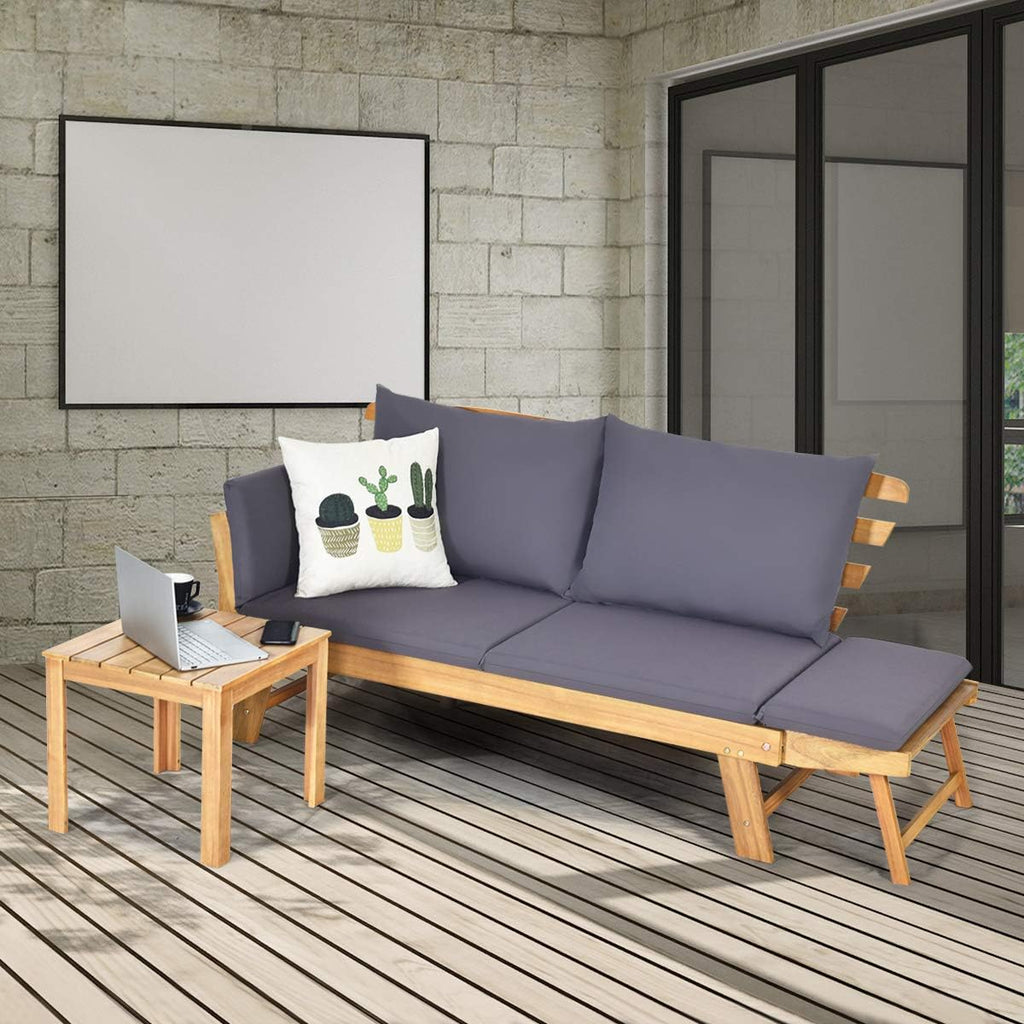 GIANTEX Banco de jardín con función de tumbona, sofá de jardín con reposabrazos plegables, banco de balcón con cojines, banco de exterior de madera de acacia, sofá lounge de 3 plazas, sofá cama para balcón, jardín y terraza | Diseño 3 en 1