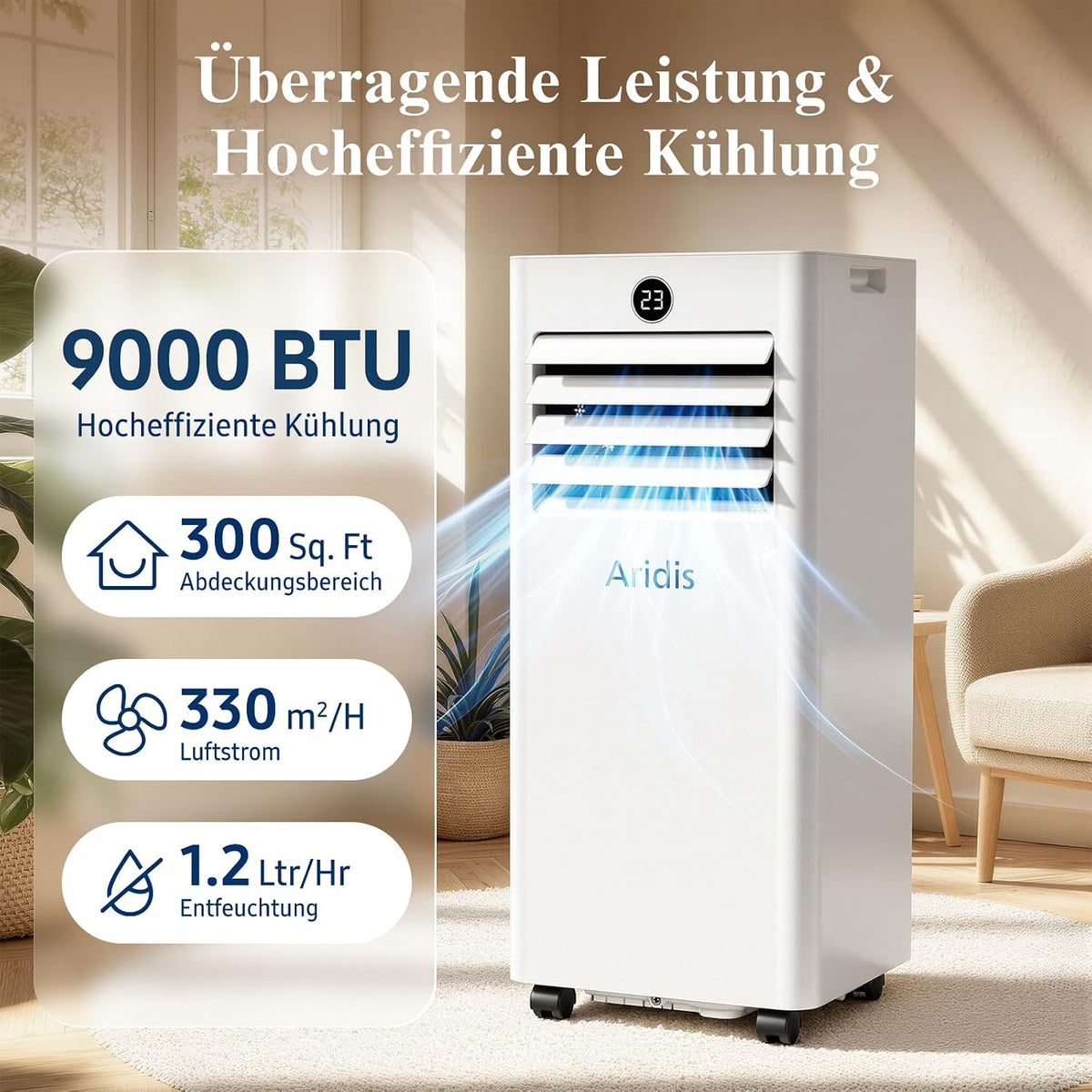 Aire acondicionado portátil 9000 BTU, 4 en 1 - Pantalla LED y control remoto, aire acondicionado móvil silencioso con kit de montaje para ventana, climatizador con tubo de escape, para habitaciones de hasta 88 m³ (33 m²)