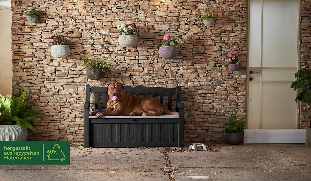 Banco de jardín Keter Eden para balcón y jardín, banco con arcón integrado de 265 l de capacidad, 140x60x84 cm, resistente a la intemperie, de fácil mantenimiento, gris, exterior, efecto madera