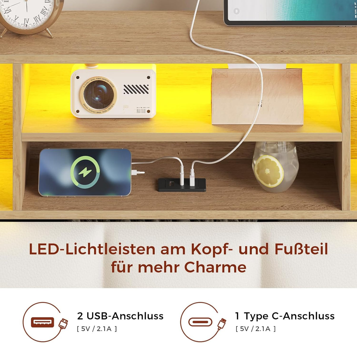 Cama KIMENICH 140x200 cm, estructura de cama doble, cama con iluminación LED, cama tapizada, 4 cajones, estación de carga, marco de metal y cabecero de madera con almacenamiento, para dormitorio, habitación de invitados, blanco + natural