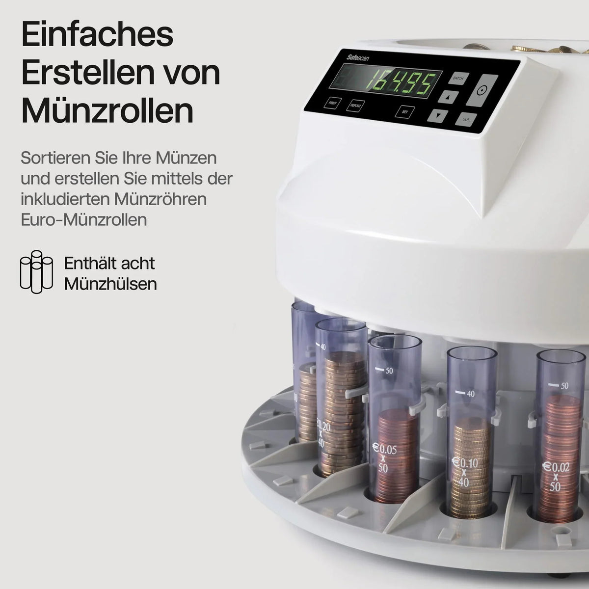 Contador y clasificador de monedas de euro 1250 para contar y clasificar monedas de euro mixtas por denominación con visualización del valor