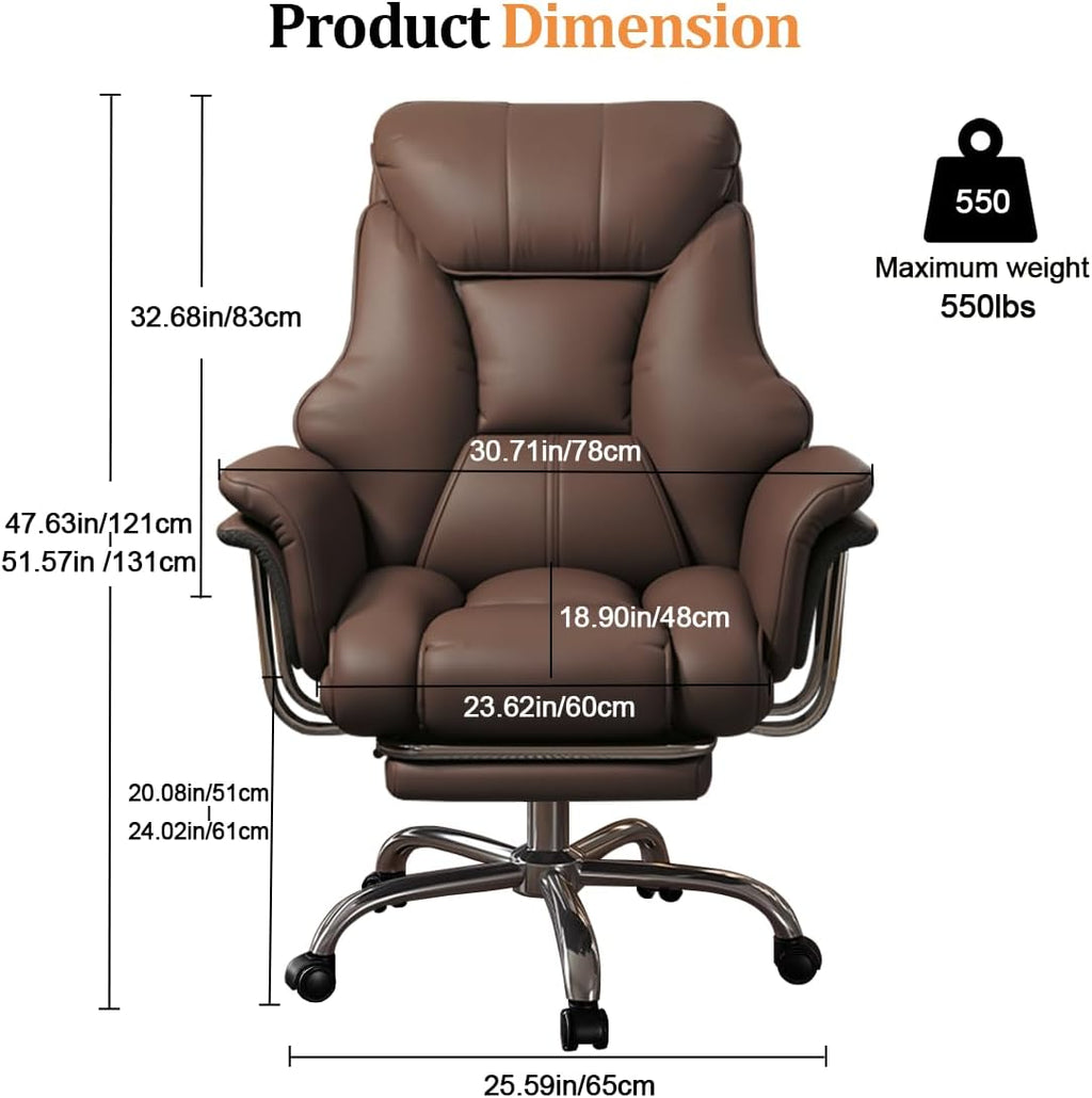 Silla de oficina con reposapiés y soporte lumbar – Silla gaming ergonómica con reposacabezas ajustable en altura y respaldo reclinable, silla giratoria de piel sintética con respaldo alto para oficina en casa (marrón)