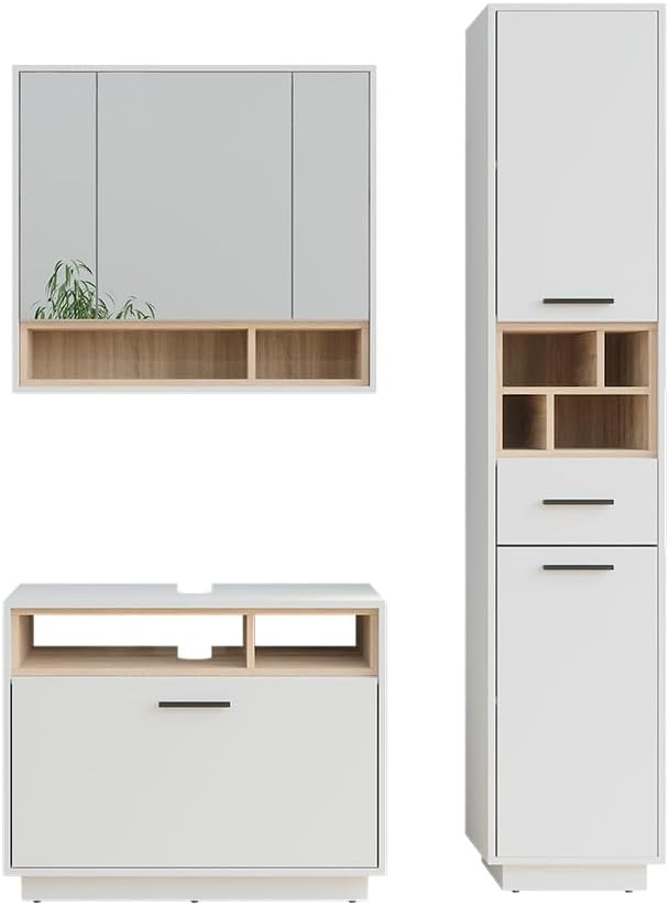 Conjunto de muebles de baño Vicco Beatrice, blanco/sonoma, 80 cm, compuesto por mueble bajo lavabo, armario con espejo y armario columna