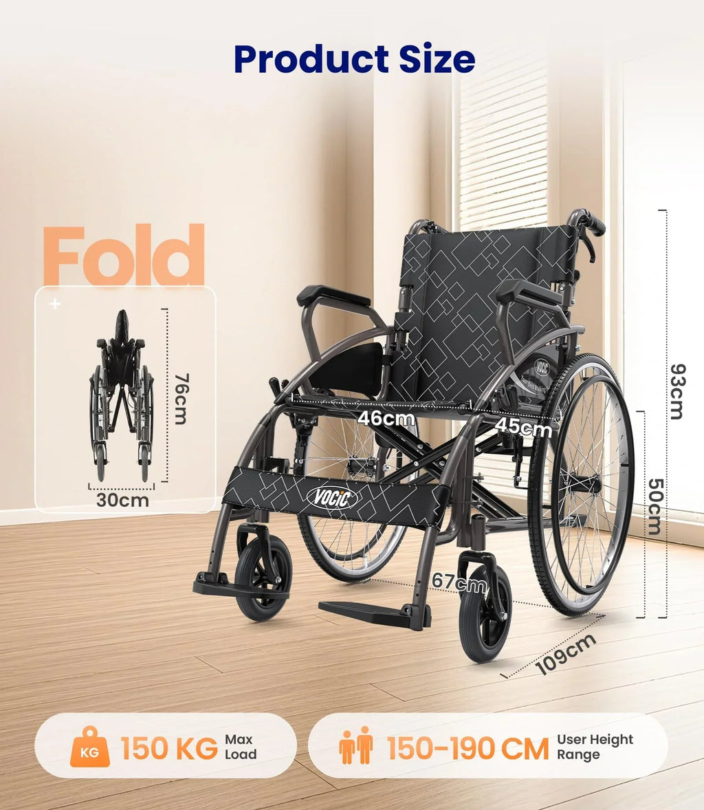 Silla de ruedas plegable y ligera VOCIC U31 autopropulsada, 150 kg, ruedas de 60 cm, asiento de 46 cm, doble freno, 17,5 kg, para exteriores y personas mayores