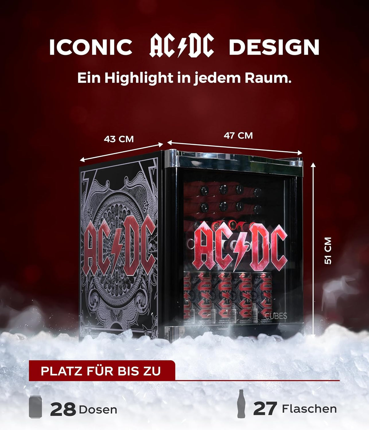 Mininevera °CUBES AC/DC de 48 L – Refrigerador de bebidas con puerta de cristal y sentido de apertura reversible | Silencioso y eficiente energéticamente (39 dB) | Perfecto para bar, oficina y gaming | Diseño icónico para fans del rock