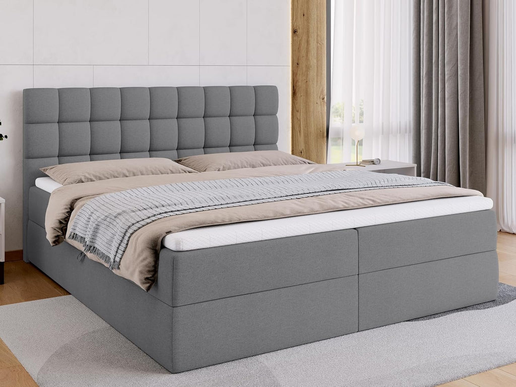 Cama boxspring BROMARKT con arcón, cama tapizada con colchón Bonell y topper, cama para dormitorio, cabecero acolchado, modelo Dakota, muelles Bonell, 180x200, grado de firmeza H3, gris Malmo